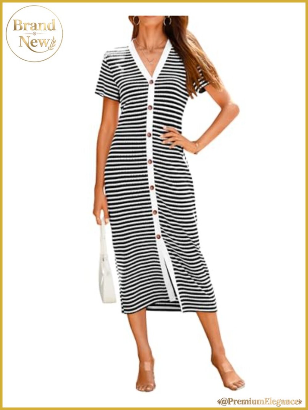 Women's Casual Summer Midi Dress Short Sleeve Striped Ribbed Knit